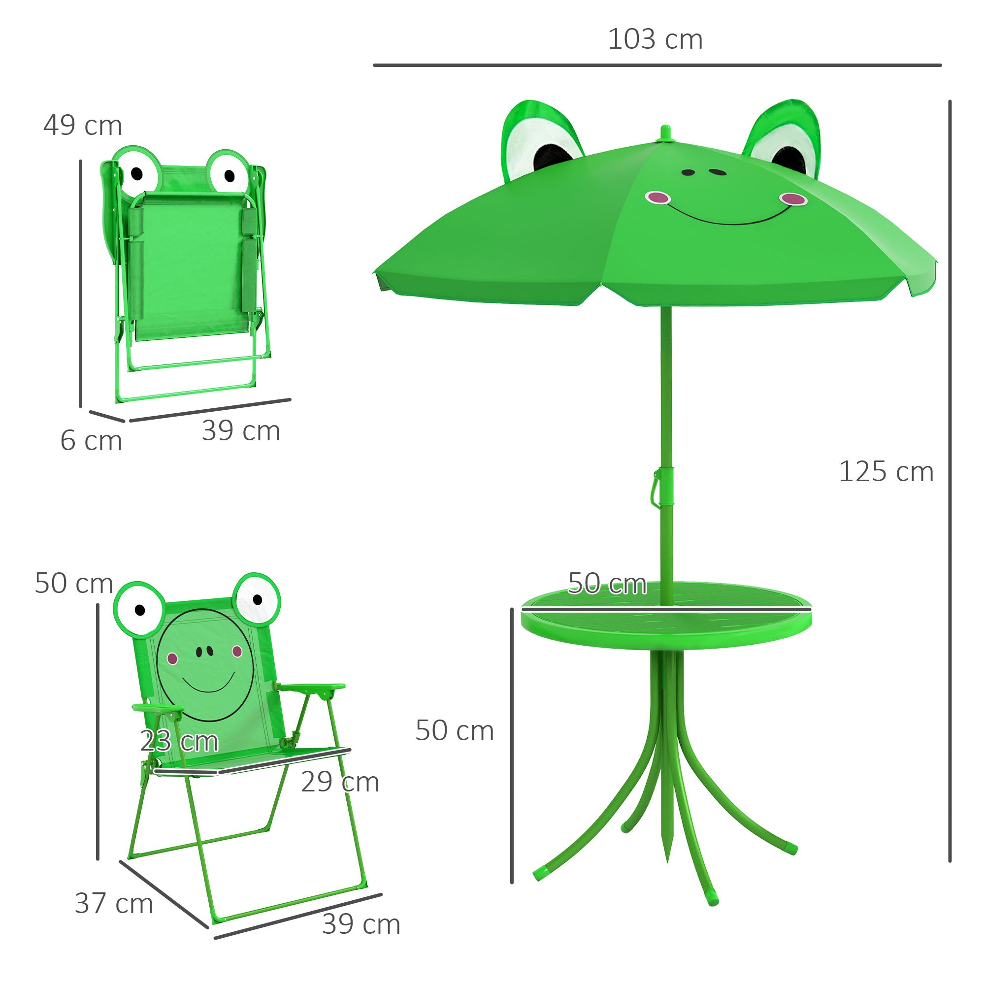 Outsunny kids outdoor green frog pattern table and chairs set with folding chair dimension and height adjustable sun umbrella