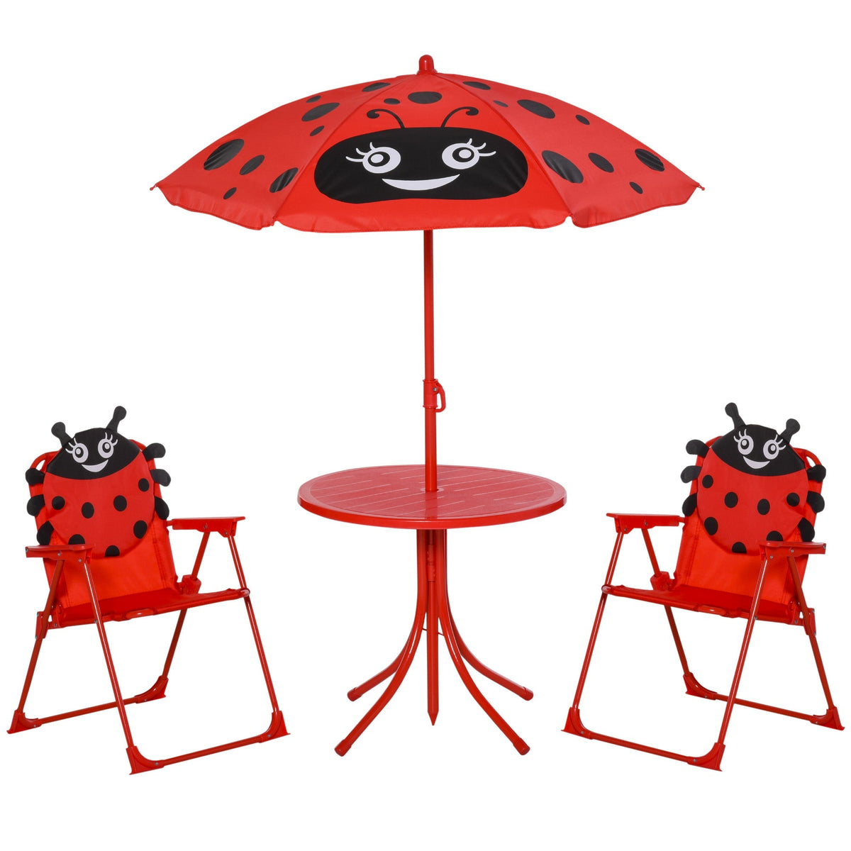 Red outsunny kids outdoor table and chairs with ladybird pattern featuring sun umbrella and chair dimension for patio fun