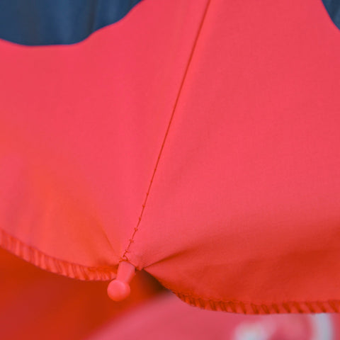 Vibrant coral-red sun umbrella with stitched seam and button closure on outsunny kids outdoor table and chairs set