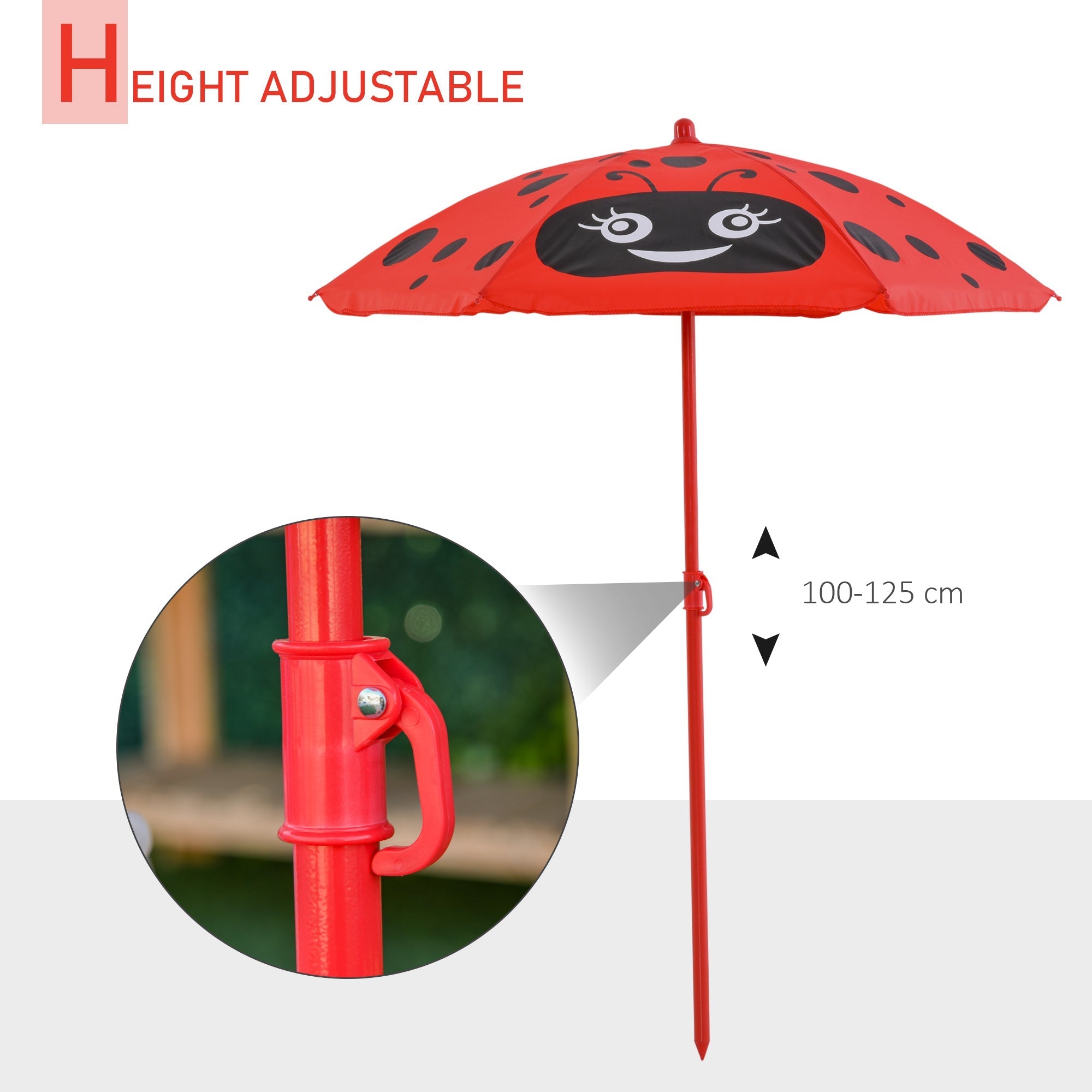Outsunny kids outdoor table and chairs with a red ladybird pattern sun umbrella featuring black spots and adjustable height mechanism