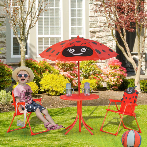 Red ladybug-themed sun umbrella with smiling face on outsunny kids outdoor table and chairs set with chair dimension