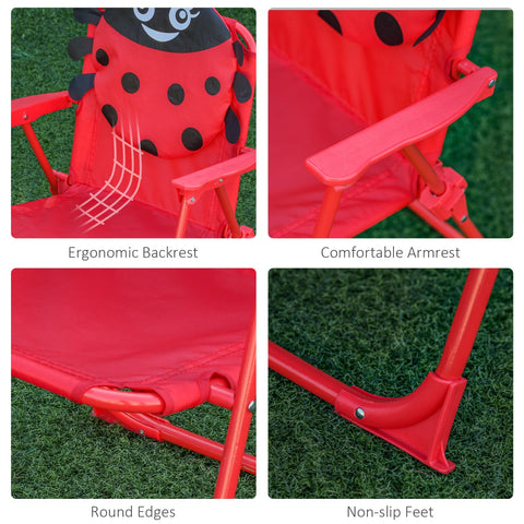 Red ladybug-themed foldable kids chair with smiling face and black spots featuring adjustable sun umbrella and chair dimension info