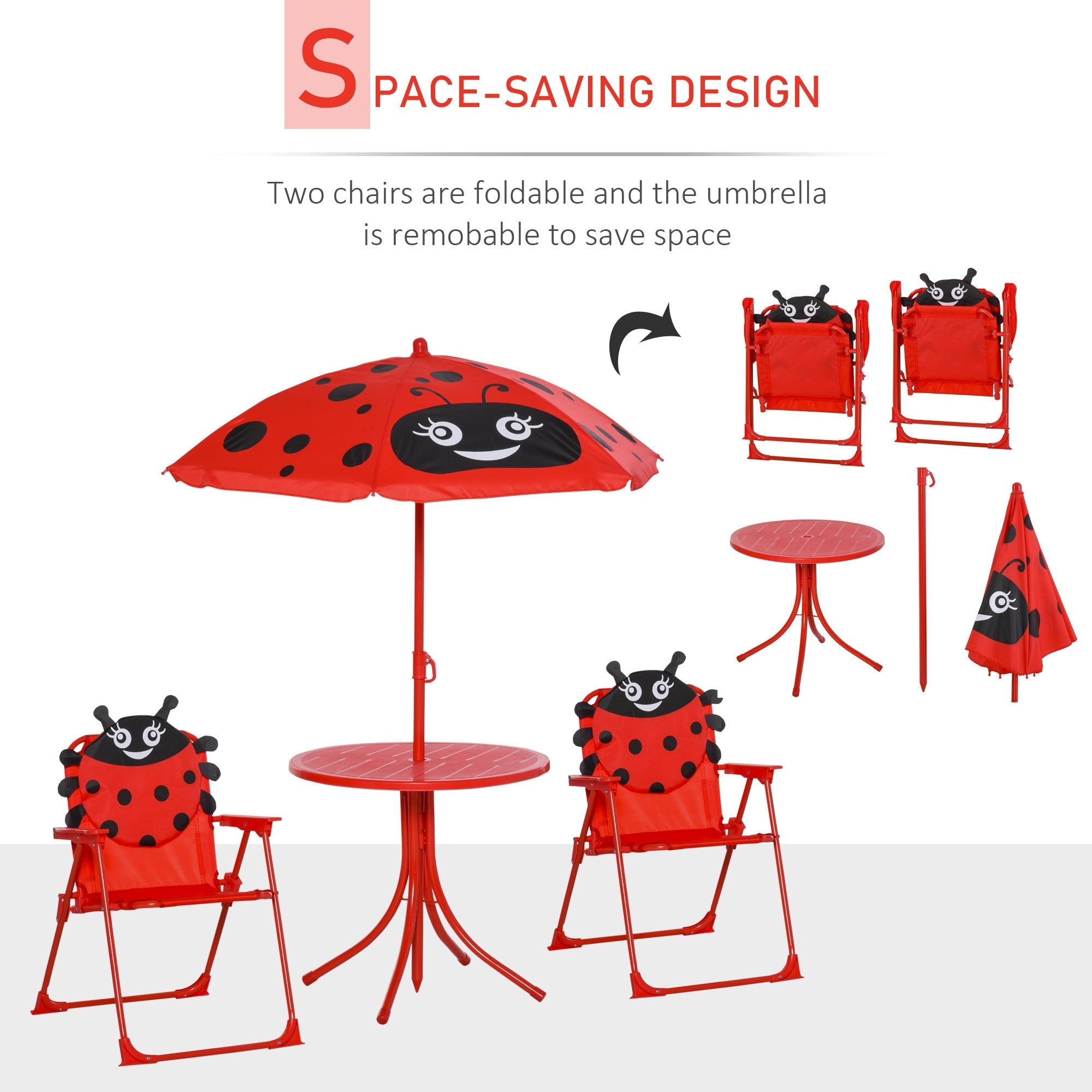 Red ladybug-themed outsunny kids outdoor table and chairs with foldable chair dimension and height adjustable sun umbrella