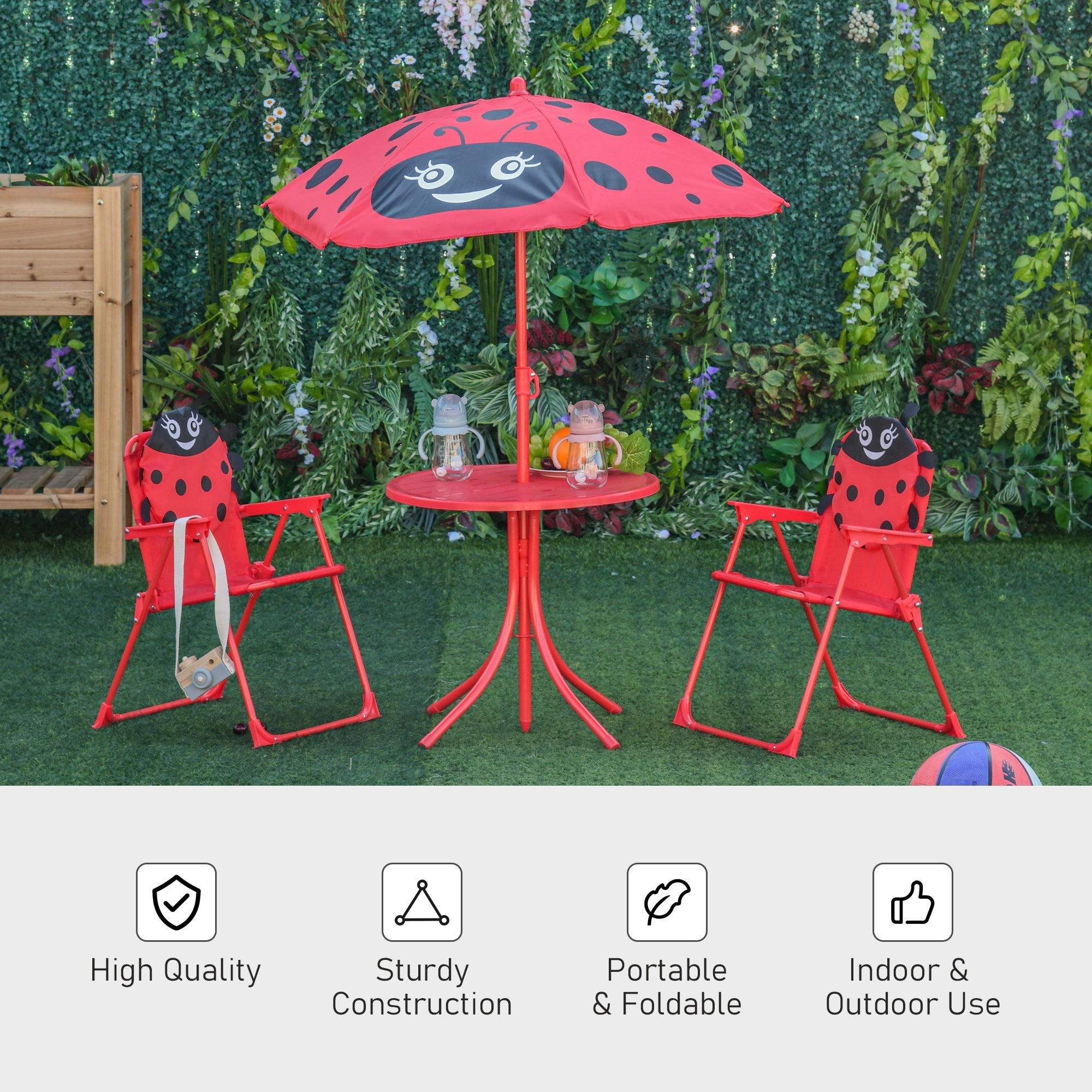 Red ladybug-themed outsunny kids outdoor table and chairs set with removable height adjustable sun umbrella and chair dimension details