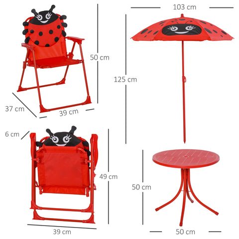 Outsunny kids outdoor table and chairs set in red ladybird pattern with folding chair dimension and height adjustable sun umbrella