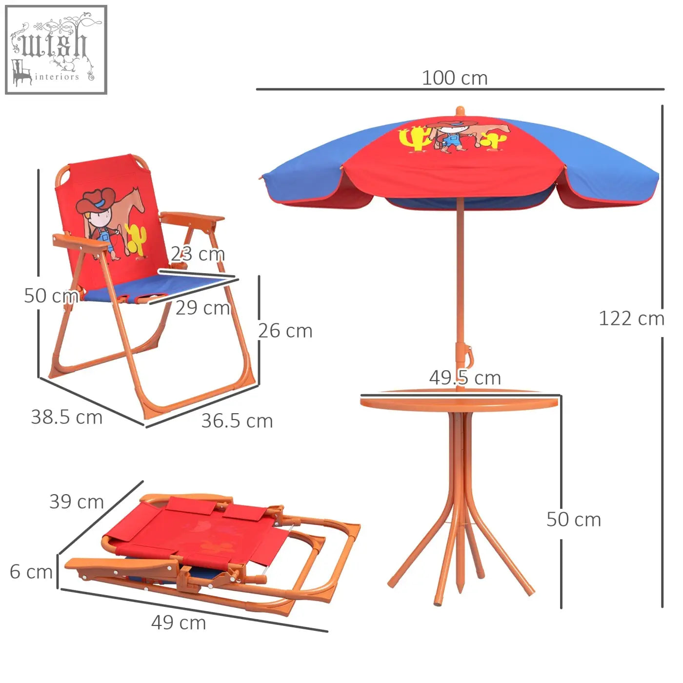 Outsunny kids picnic table and chair set with red and blue foldable chairs and adjustable parasol for outdoor fun