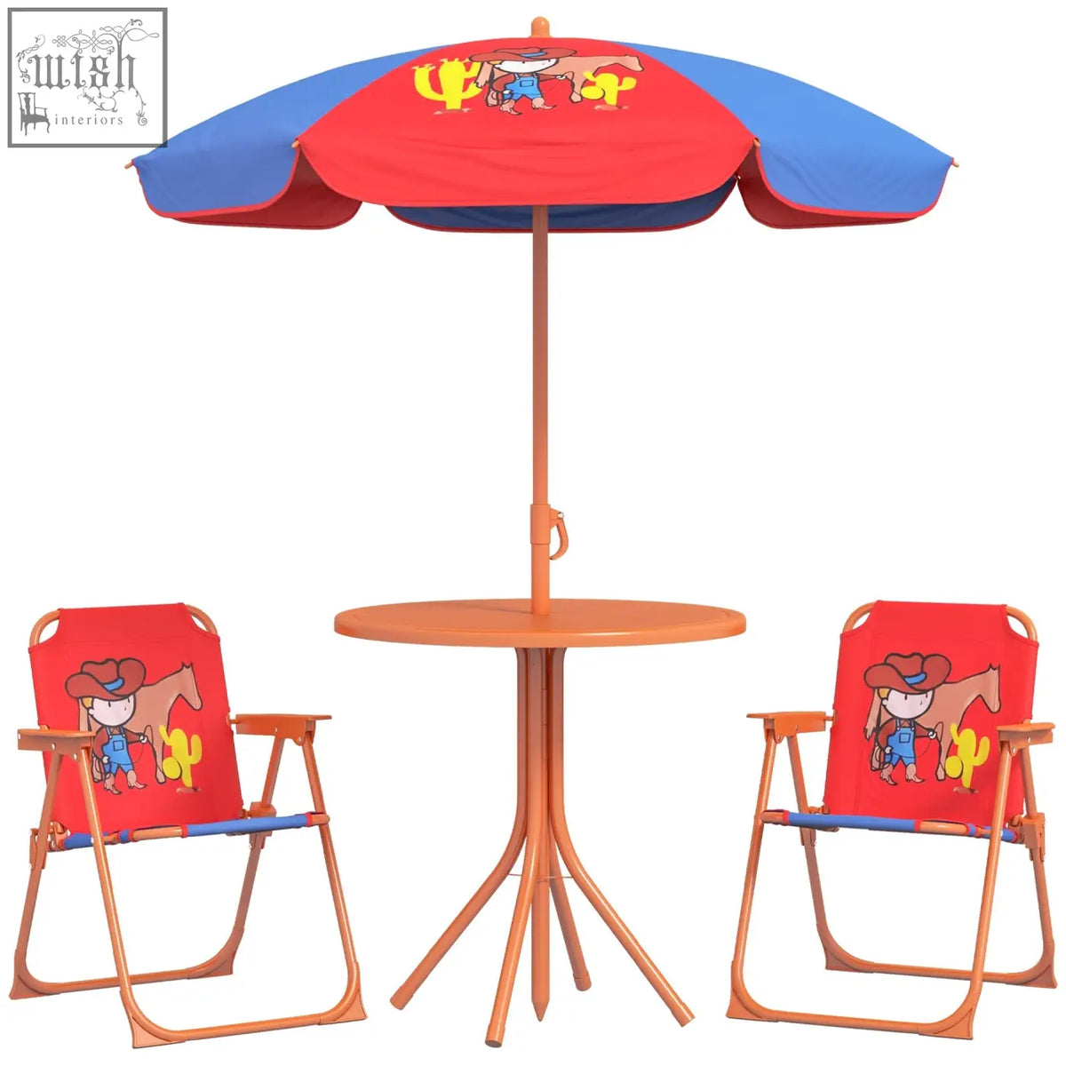 Outsunny kids picnic table and chair set with red and blue foldable chairs and adjustable parasol featuring cowboy prints