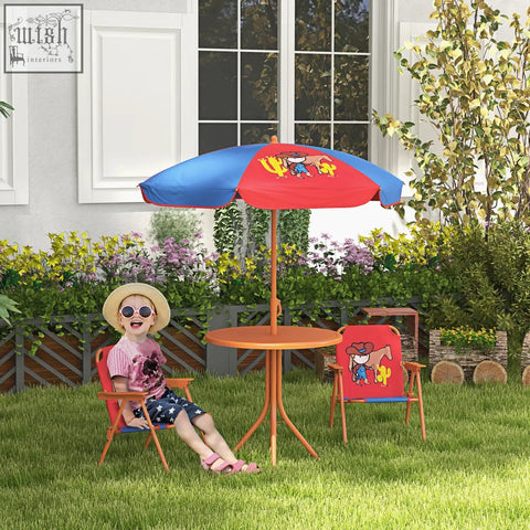 Outsunny kids picnic table set with two foldable chairs and blue and red adjustable parasol featuring cowboy design