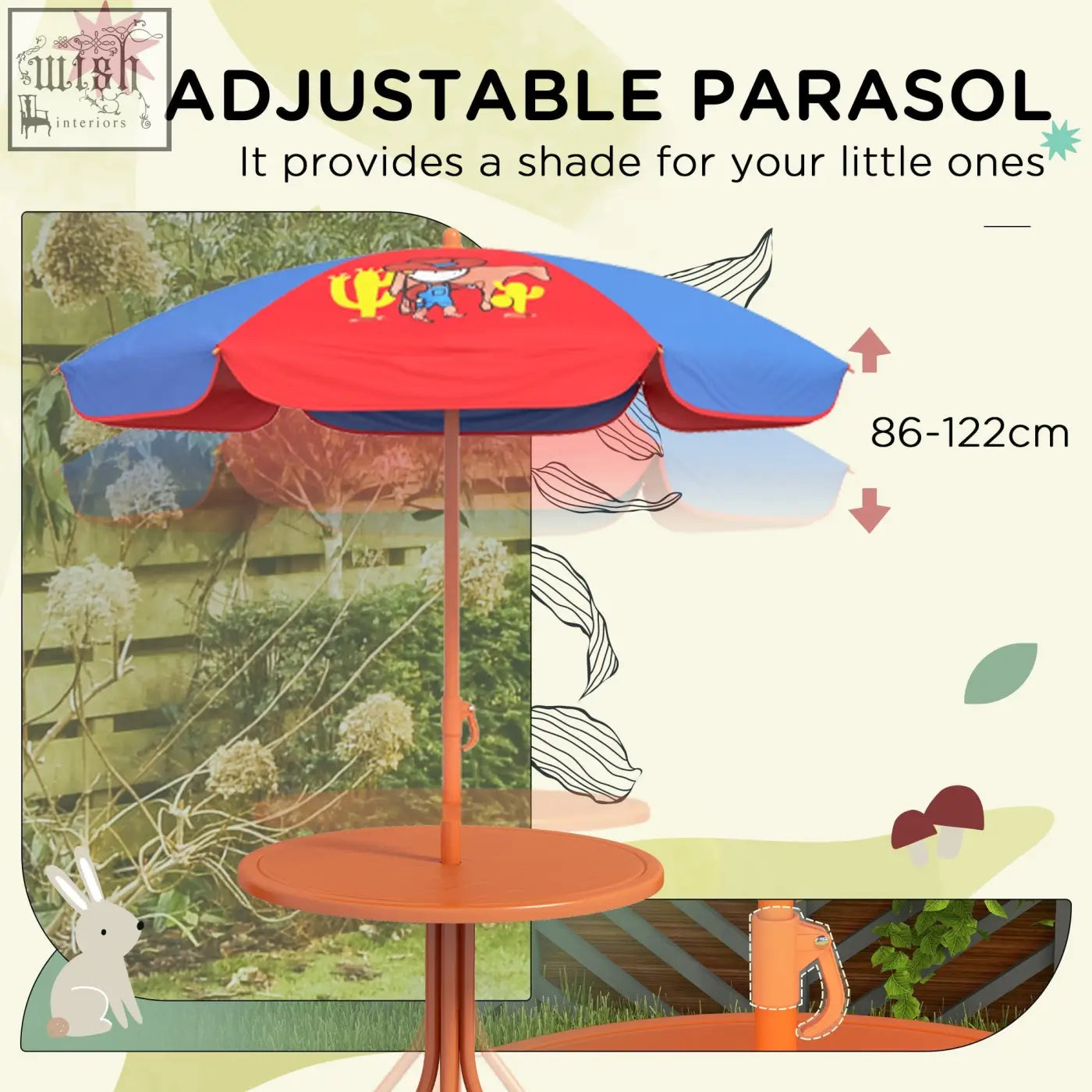 Outsunny kids picnic table set with two foldable chairs and a vibrant red and blue adjustable parasol with orange frame