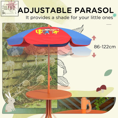 Outsunny kids picnic table set with two foldable chairs and a vibrant red and blue adjustable parasol with orange frame