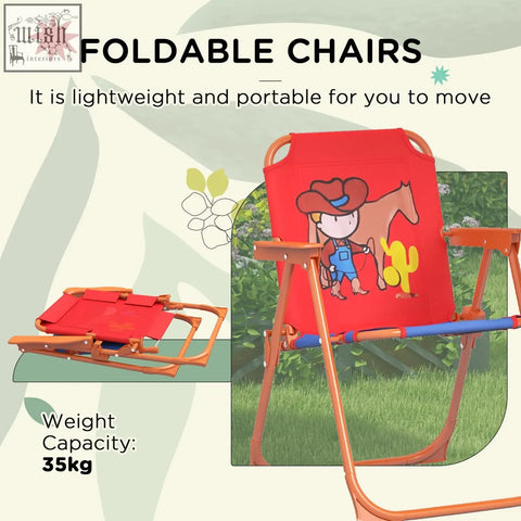 Red fabric foldable chair with cartoon cowboy design, orange metal frame, part of outsunny kids picnic set with adjustable parasol