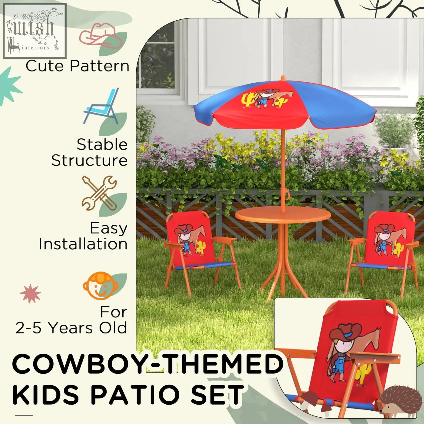 Outsunny kids picnic table set with red and blue foldable chairs and adjustable parasol in cowboy cartoon design