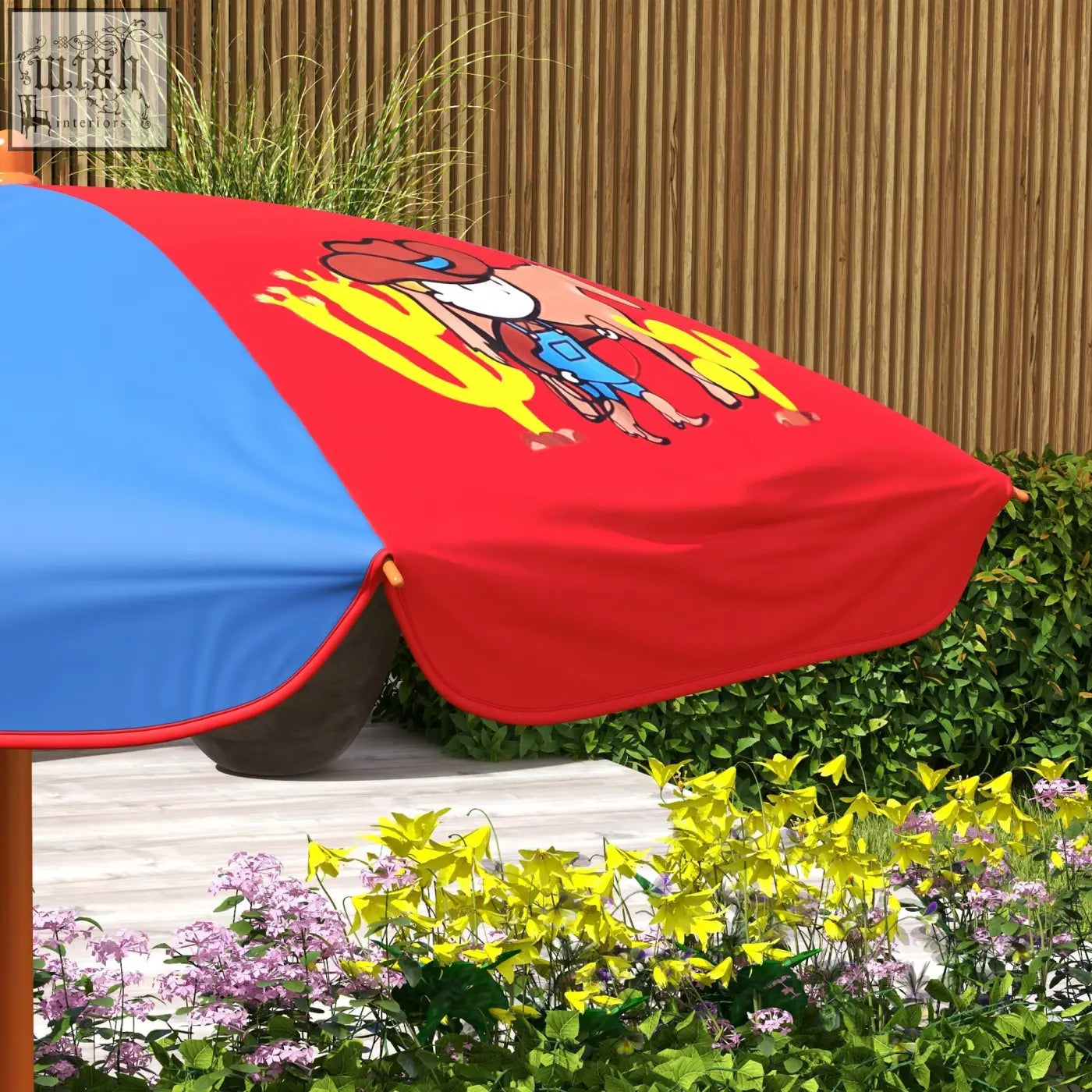 Outsunny kids picnic table with two foldable chairs and adjustable parasol featuring red and blue cowboy design