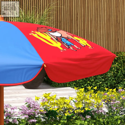 Outsunny kids picnic table with two foldable chairs and adjustable parasol featuring red and blue cowboy design