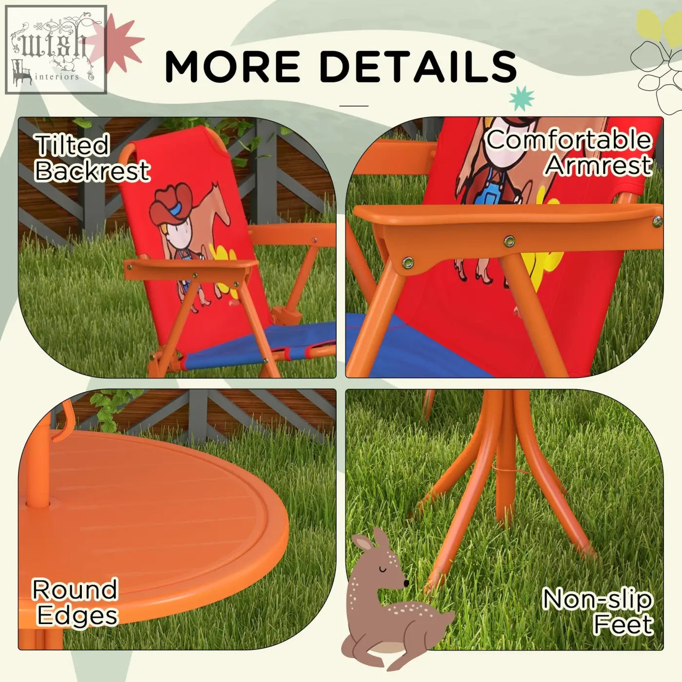 Red and blue cowboy themed foldable chairs with orange metal frame from outsunny kids picnic table set with adjustable parasol