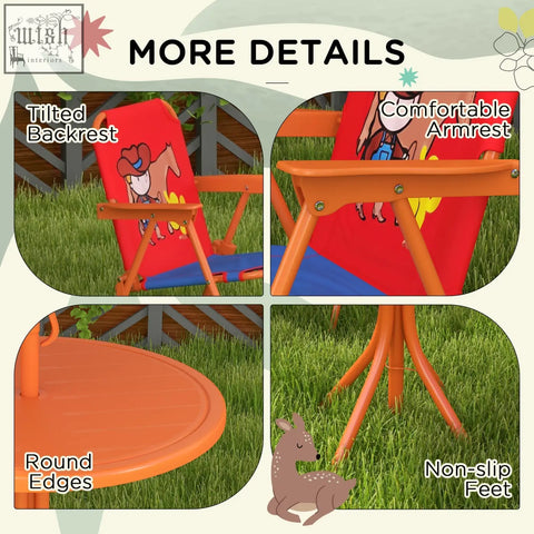 Red and blue cowboy themed foldable chairs with orange metal frame from outsunny kids picnic table set with adjustable parasol