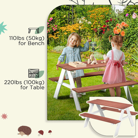 Outsunny kids picnic table in white and reddish-brown wood with load-bearing frame and easy assembly for patio use