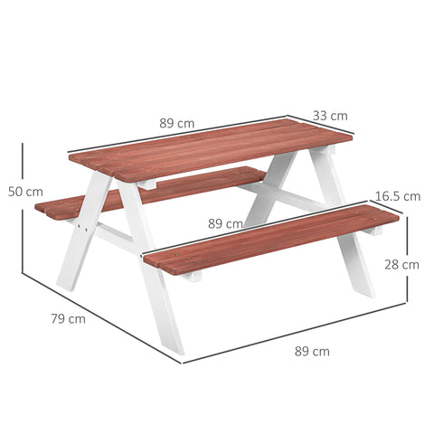 Outsunny kids picnic table with white and reddish-brown wooden slatted top and benches features a load-bearing frame and easy assembly