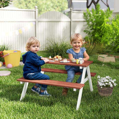 Red and white wooden picnic table and bench set with load-bearing frame for kids aged 3-8, easy assembly by outsunny