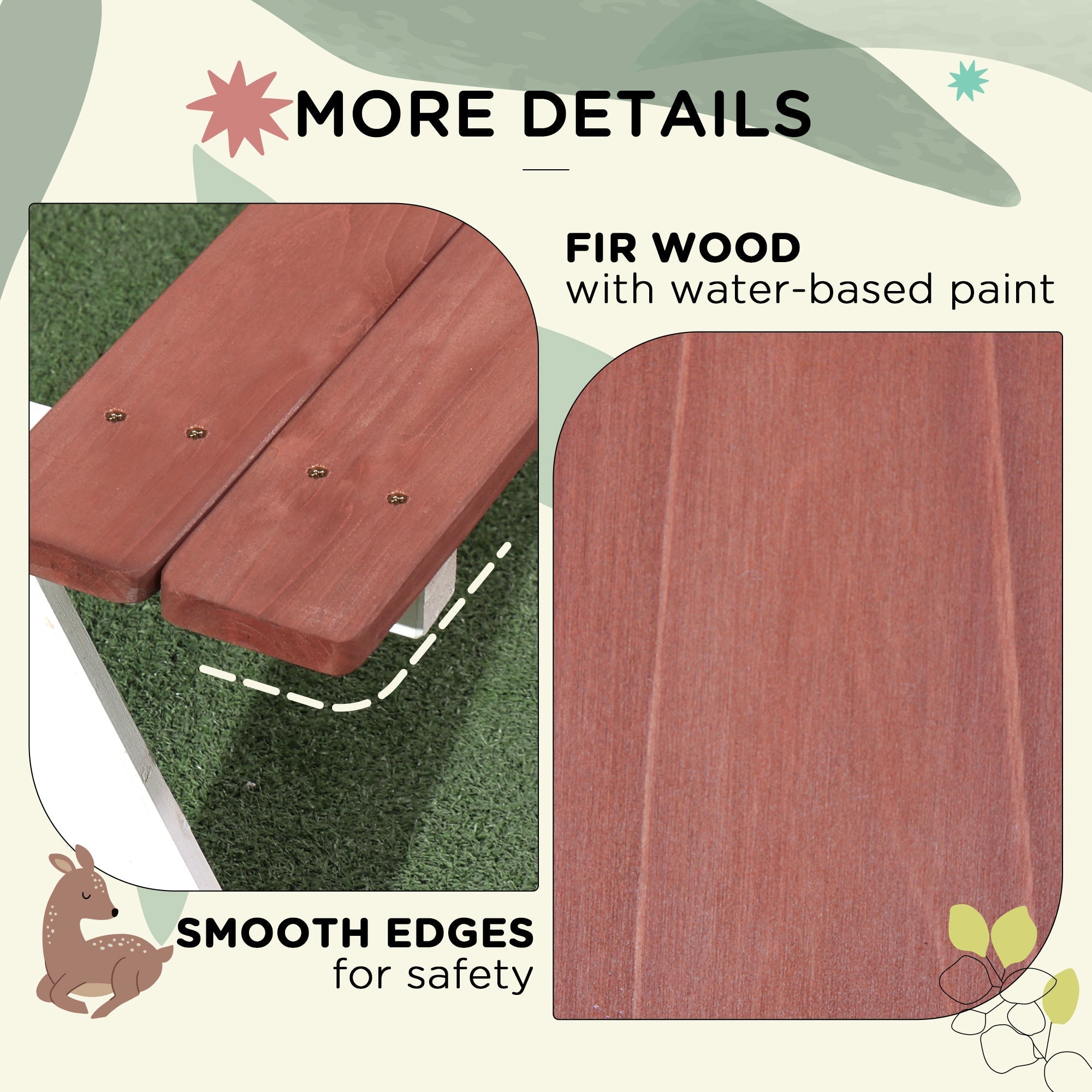 Red-painted fir wood slats with smooth edges on outsunny kids picnic table with load-bearing frame and easy assembly