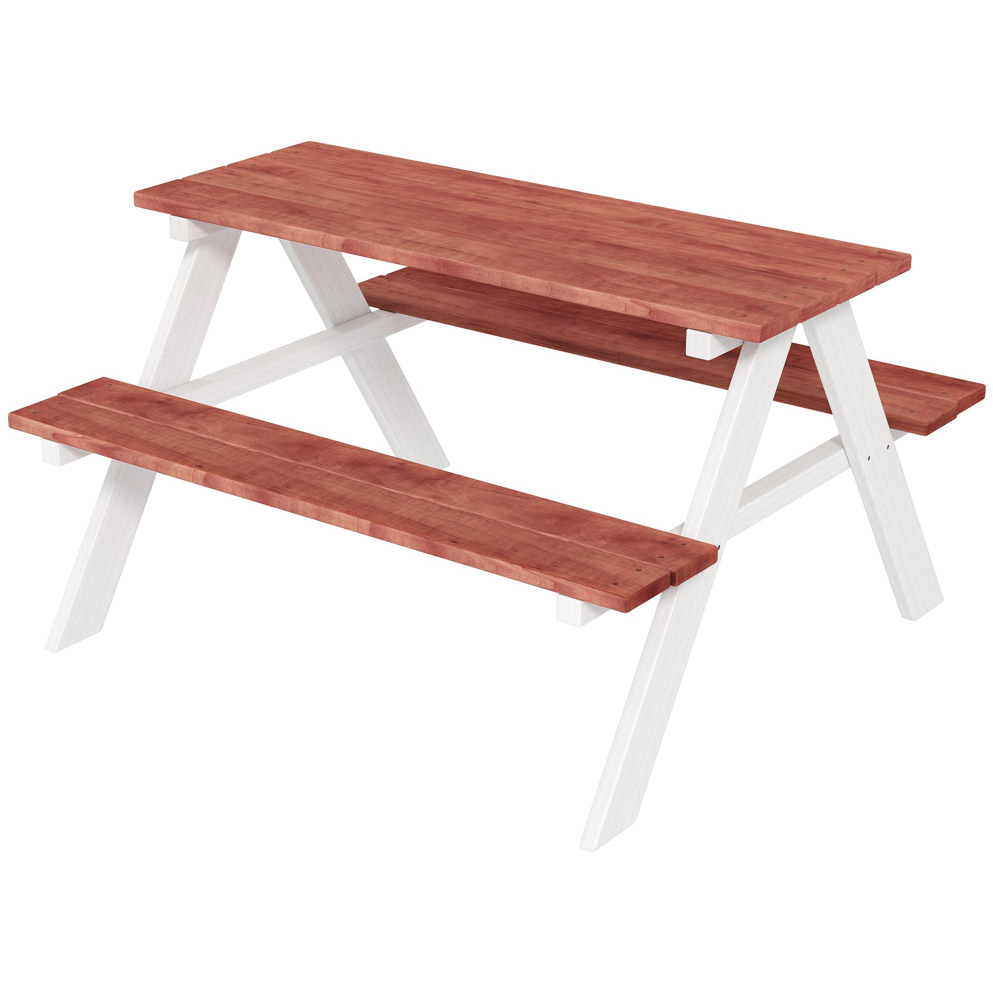 Redwood finished Outsunny kids picnic table with white load bearing frame and attached benches easy assembly for patio use