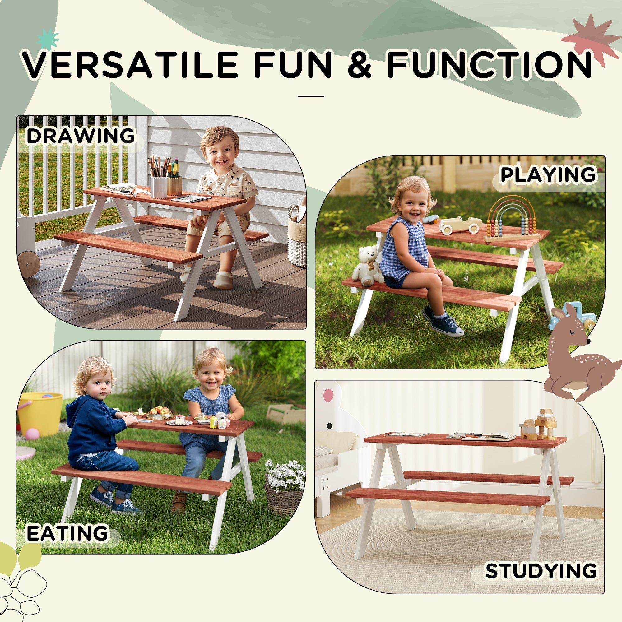 Outsunny kids picnic table with white metal load-bearing frame wooden benches easy assembly brown garden furniture for kids