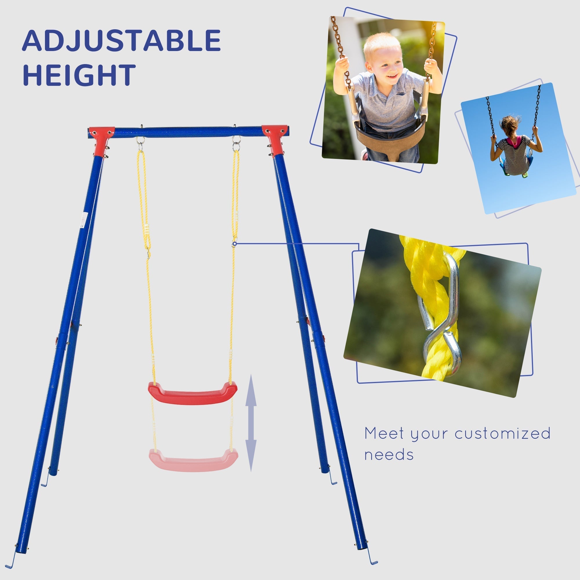 Blue metal outsunny kids swing set with adjustable rope, red plastic swing seat, and yellow webbing straps for toddlers