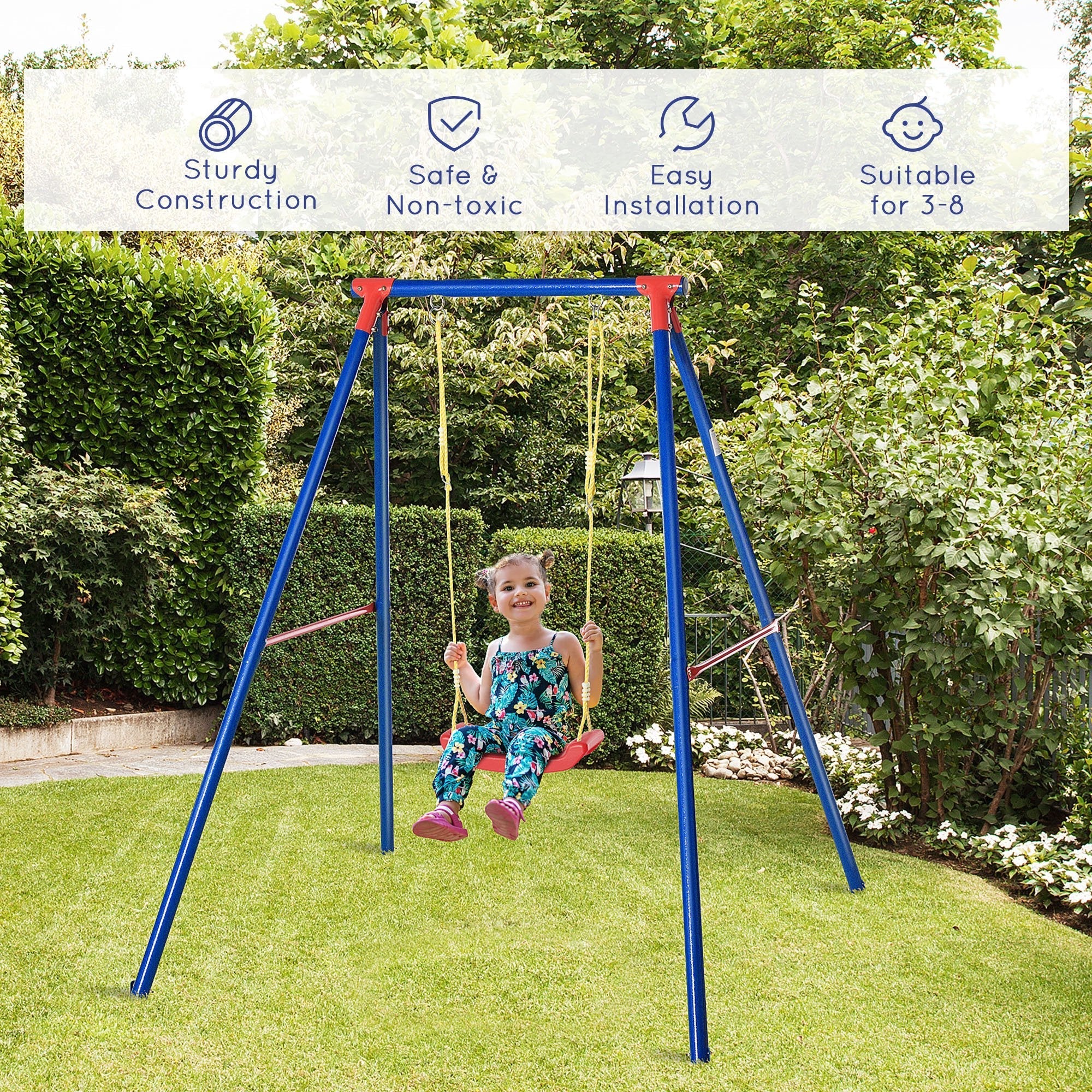 Blue metal outsunny kids swing set with adjustable rope yellow ropes and red accents for toddler swing seat outdoor playset
