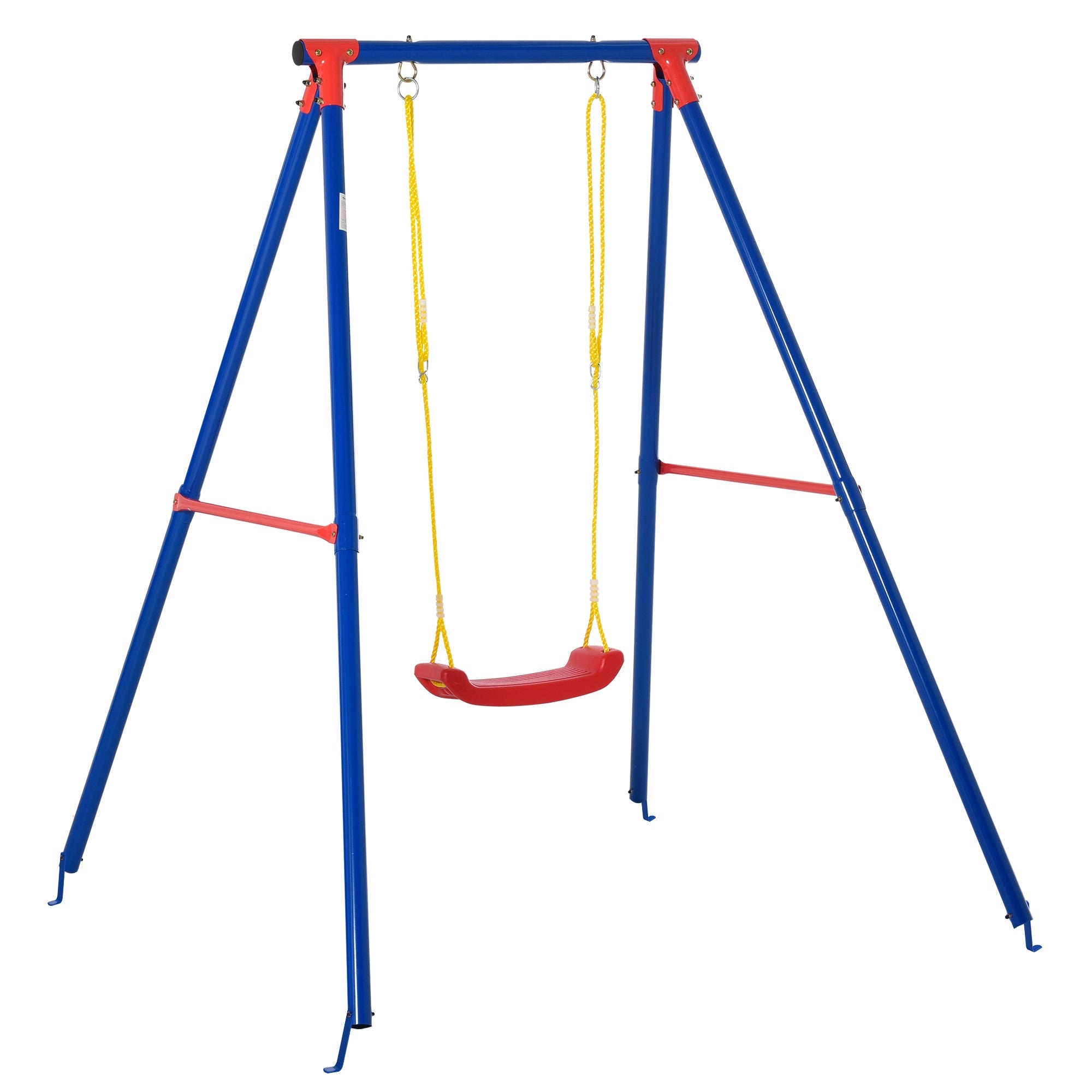 Outsunny kids swing set with blue and red metal frame, adjustable rope, and red plastic swing seat for toddlers
