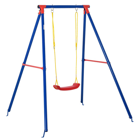 Outsunny kids swing set with blue and red metal frame, adjustable rope, and red plastic swing seat for toddlers