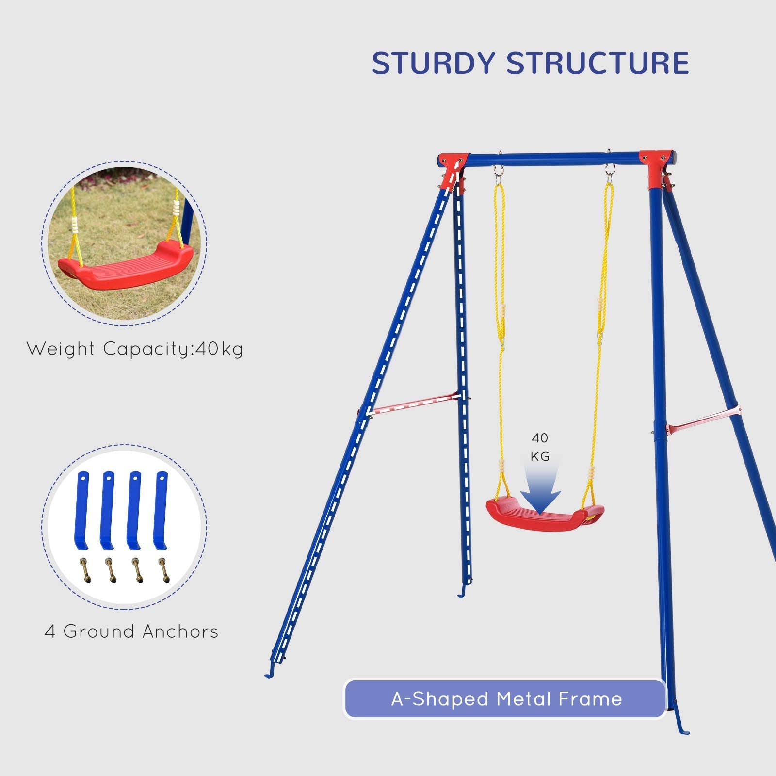 Red plastic toddler swing seat with adjustable yellow ropes on blue metal a-frame swing set for outdoor play