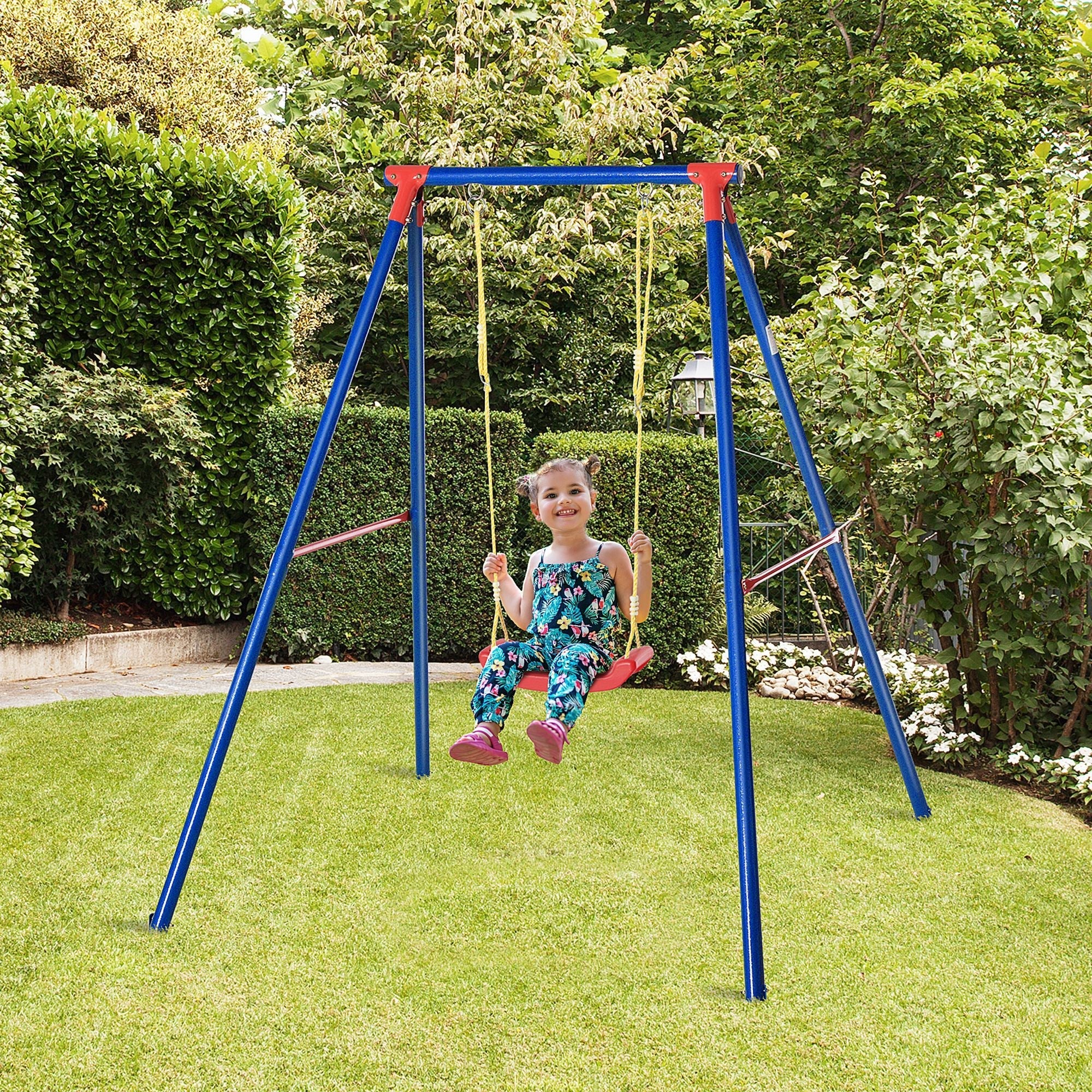 Blue metal swing set with red accents and yellow adjustable rope swing seat for toddlers aged 3 to 8 years