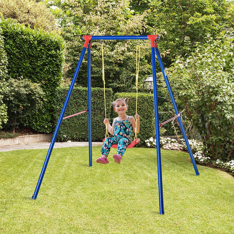 Blue metal swing set with red accents and yellow adjustable rope swing seat for toddlers aged 3 to 8 years