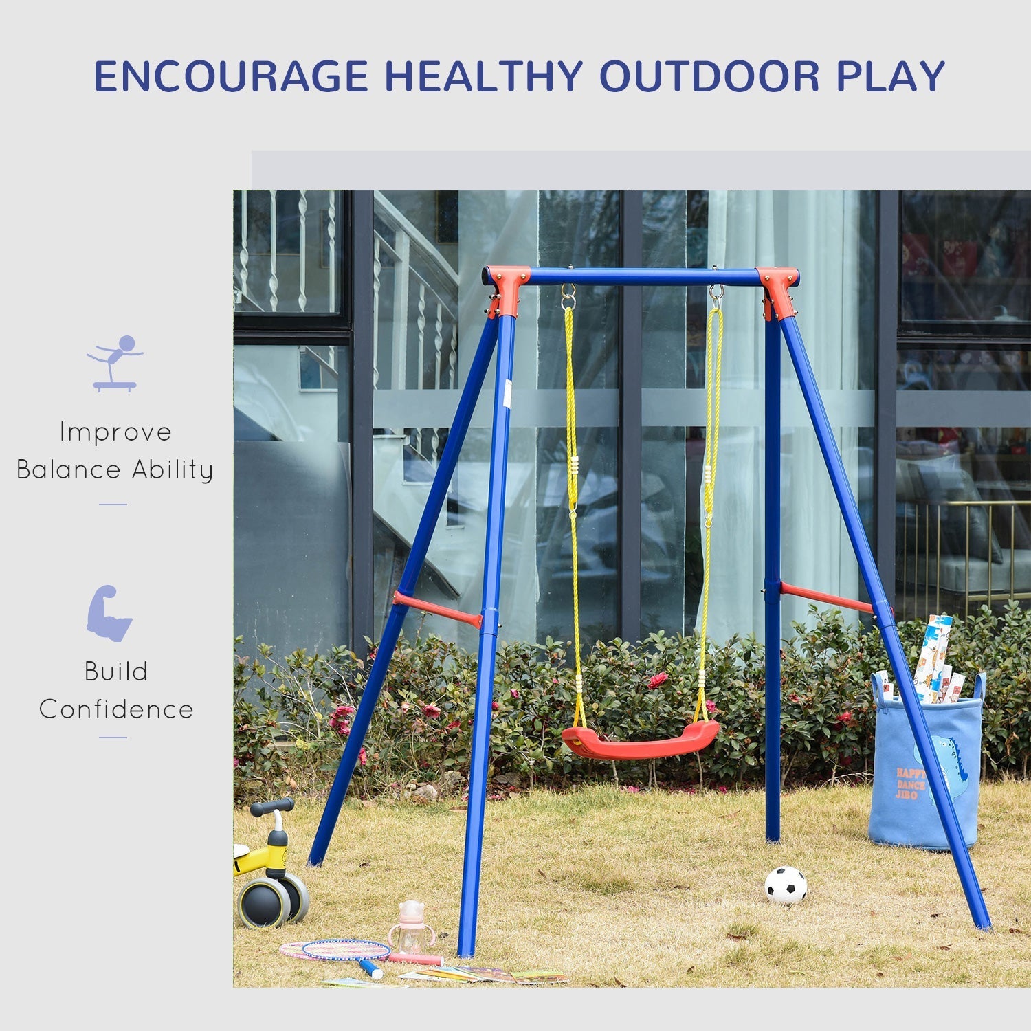 Blue and red metal outsunny kids swing set with adjustable rope and yellow swing seat for toddlers aged 3 to 8 years