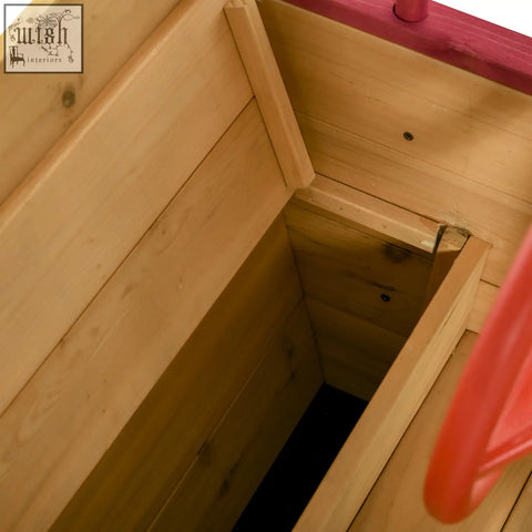 Light-colored wooden storage box with pink trim and hinged lid for outsunny kids ship-designed sandbox bottomless design