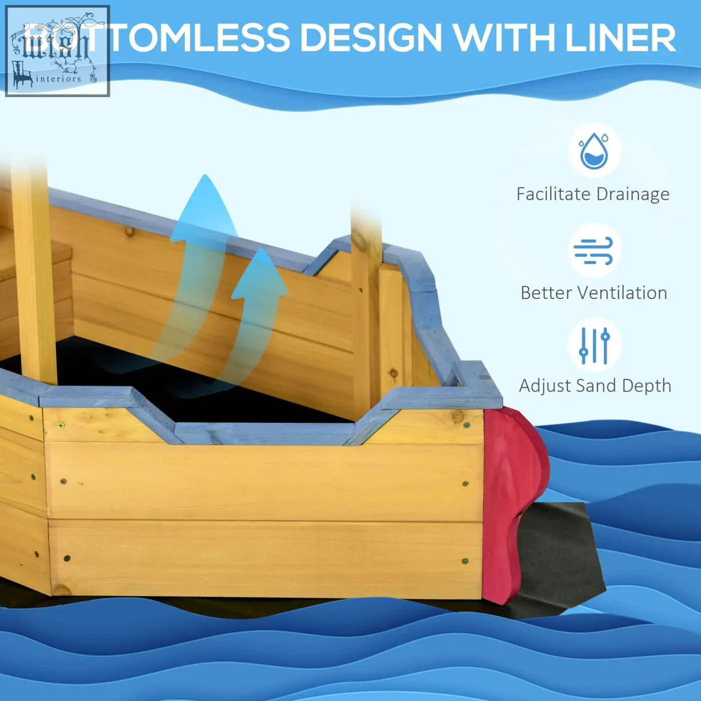 Wooden pirate ship sandbox with blue liner red shovel smooth surface bottomless design for outdoor play