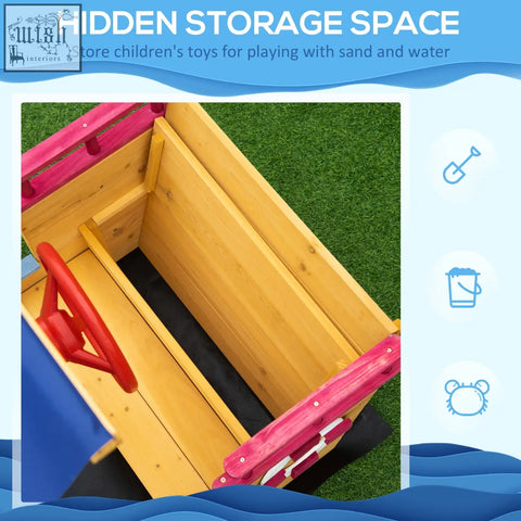 Wooden kids sandbox pirate ship with pink and blue exterior, red steering wheel, smooth surface, and bottomless design storage