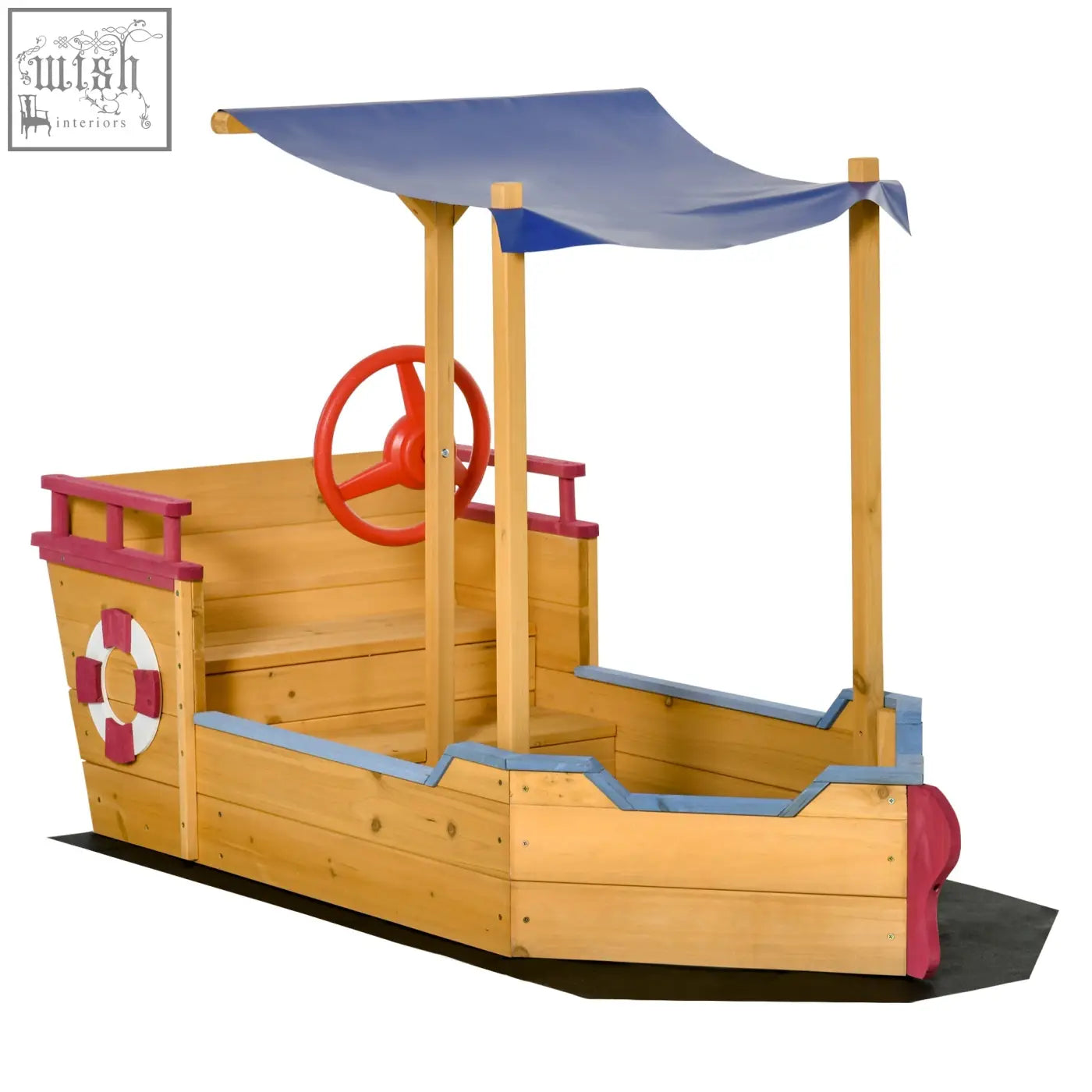 Outsunny kids wooden pirate ship sandbox playboat with blue canopy red wheel life preserver and bottomless design