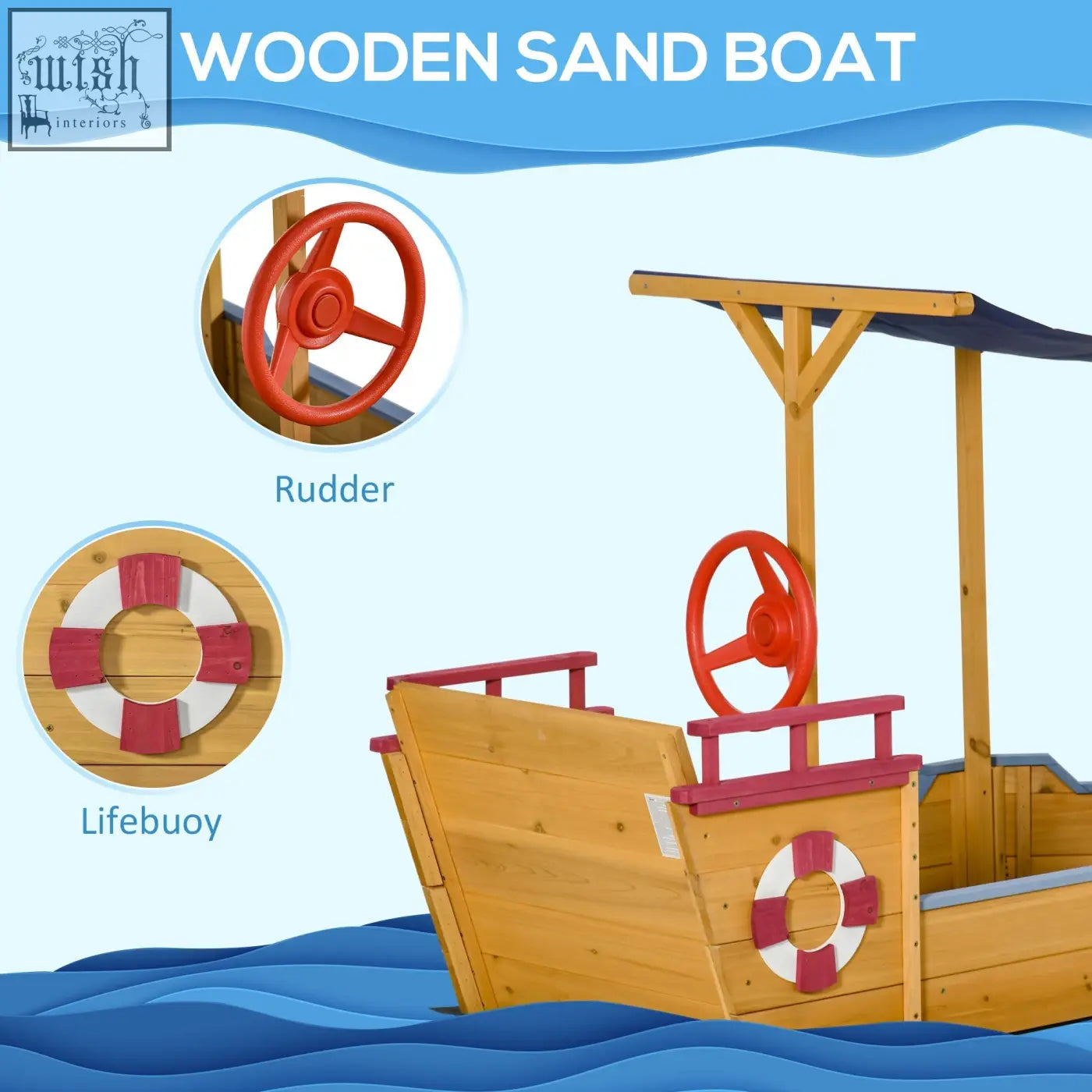 Outsunny kids wooden ship-designed sandbox with natural wood finish red steering wheel lifebuoy and smooth surface