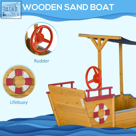 Outsunny kids wooden ship-designed sandbox with natural wood finish red steering wheel lifebuoy and smooth surface