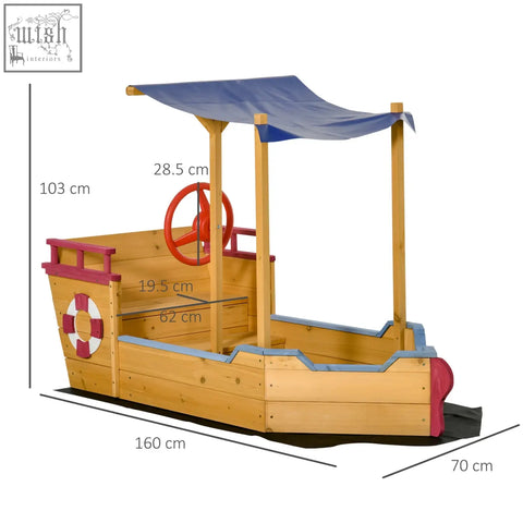 Outsunny kids wooden pirate ship sandbox with blue canopy, red steering wheel, pink purple trim, and bottomless design