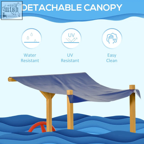 Outsunny kids wooden sandpit with blue detachable canopy wooden supports ship-designed sandbox with smooth surface
