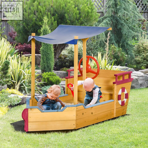 Outsunny kids wooden sand pit pirate ship sandbox with blue canopy red steering wheel and bottomless design