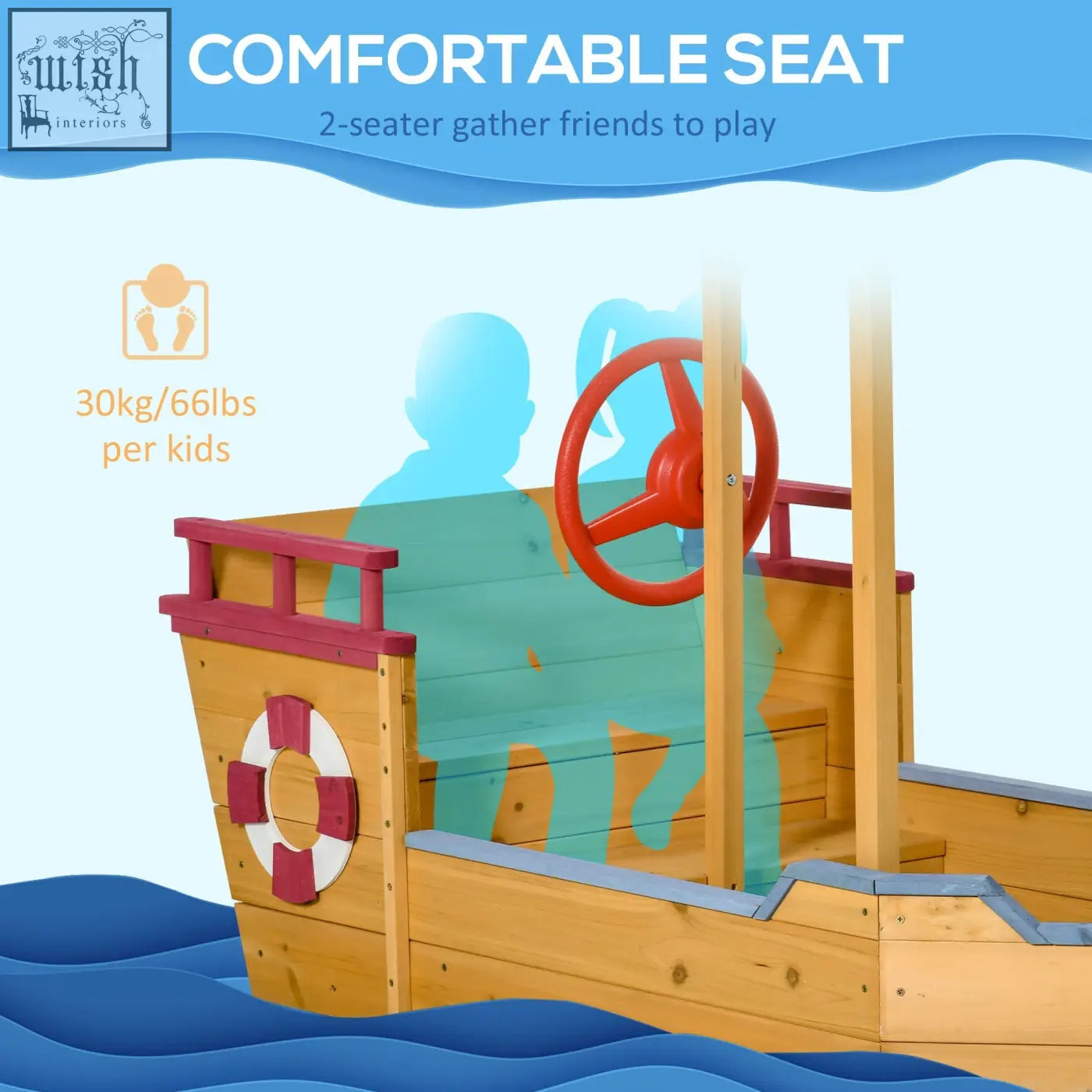 Wooden pirate ship sandbox play station with red steering wheel and life preserver featuring smooth surface and bottomless design
