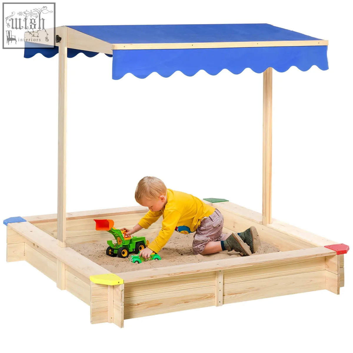 Outsunny kids wooden sand pit made of fir wood with light wood frame, blue scalloped canopy, and colorful corner caps