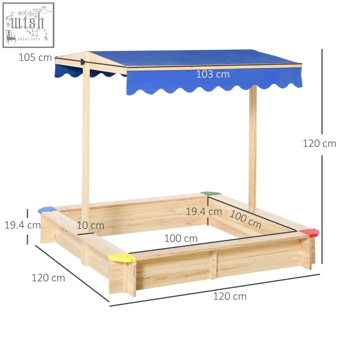 Outsunny kids wooden sand pit made of fir wood with blue adjustable canopy and colorful corner caps for outdoor play
