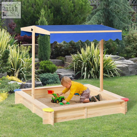 Outsunny kids wooden sand pit made of fir wood with light wood color, blue adjustable canopy, and colorful corner caps