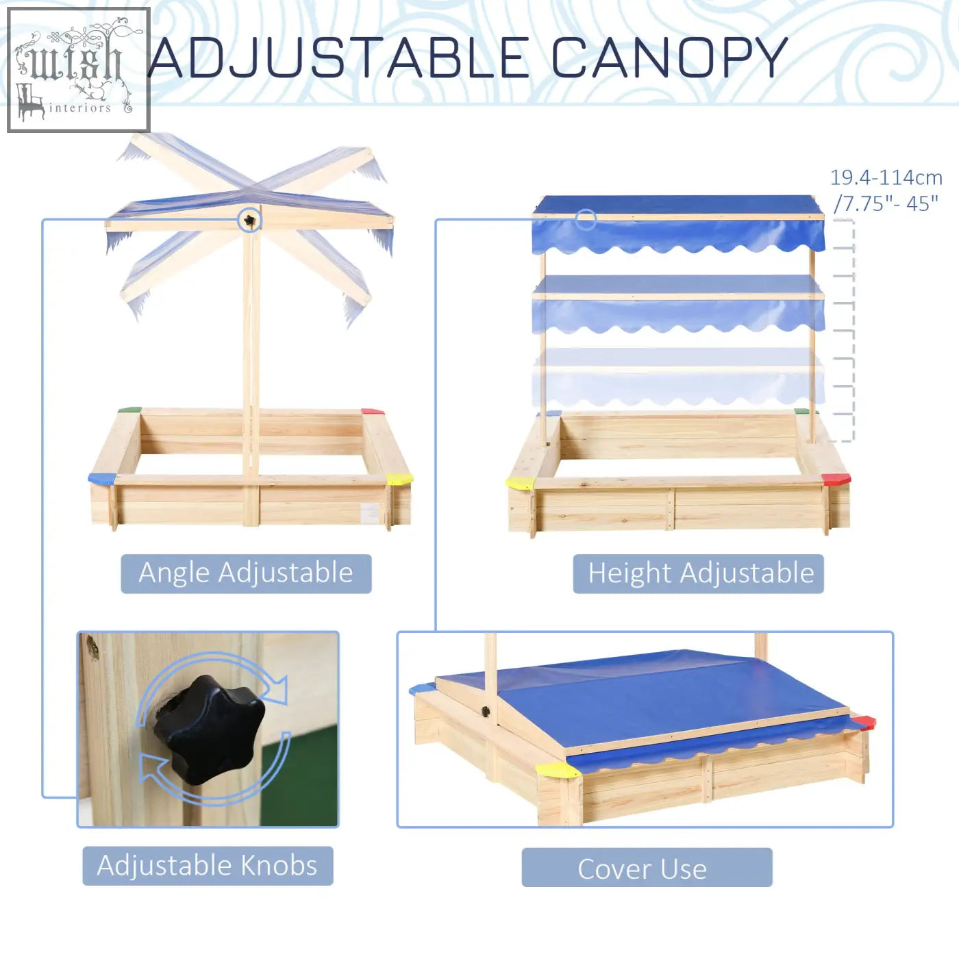 Adjustable blue fabric canopy on fir wood frame of outsunny kids wooden sand pit for outdoor playset