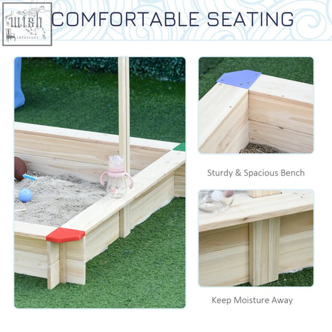 Light-colored fir wood sand pit with red and blue corner caps for kids outdoor play and sand fun