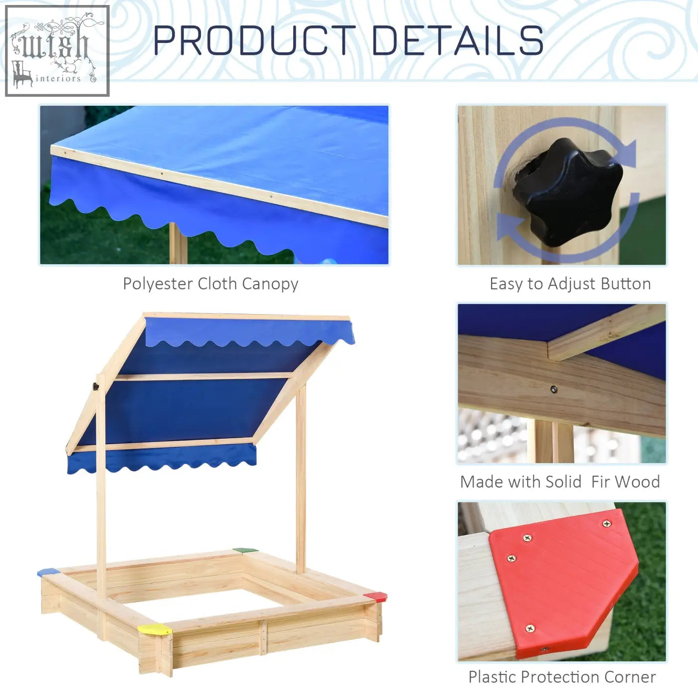 Blue polyester cloth canopy with scalloped edge on fir wood frame for outsunny kids wooden sand pit playset